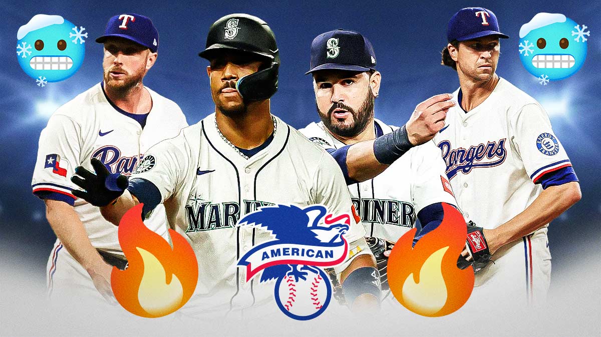 Julio Rodriguez and Eugenio Suarez together with fire emoji in front of them. Jacob DeGrom and Merrill Kelly together with ice emoji in front of them. American League logo front and center.