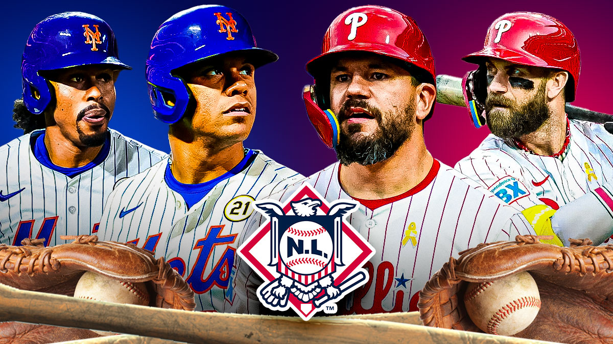 Francisco Lindor and Juan Soto on one side. Other side is Kyle Schwarber and Bryce Harper. National League logo front and center.