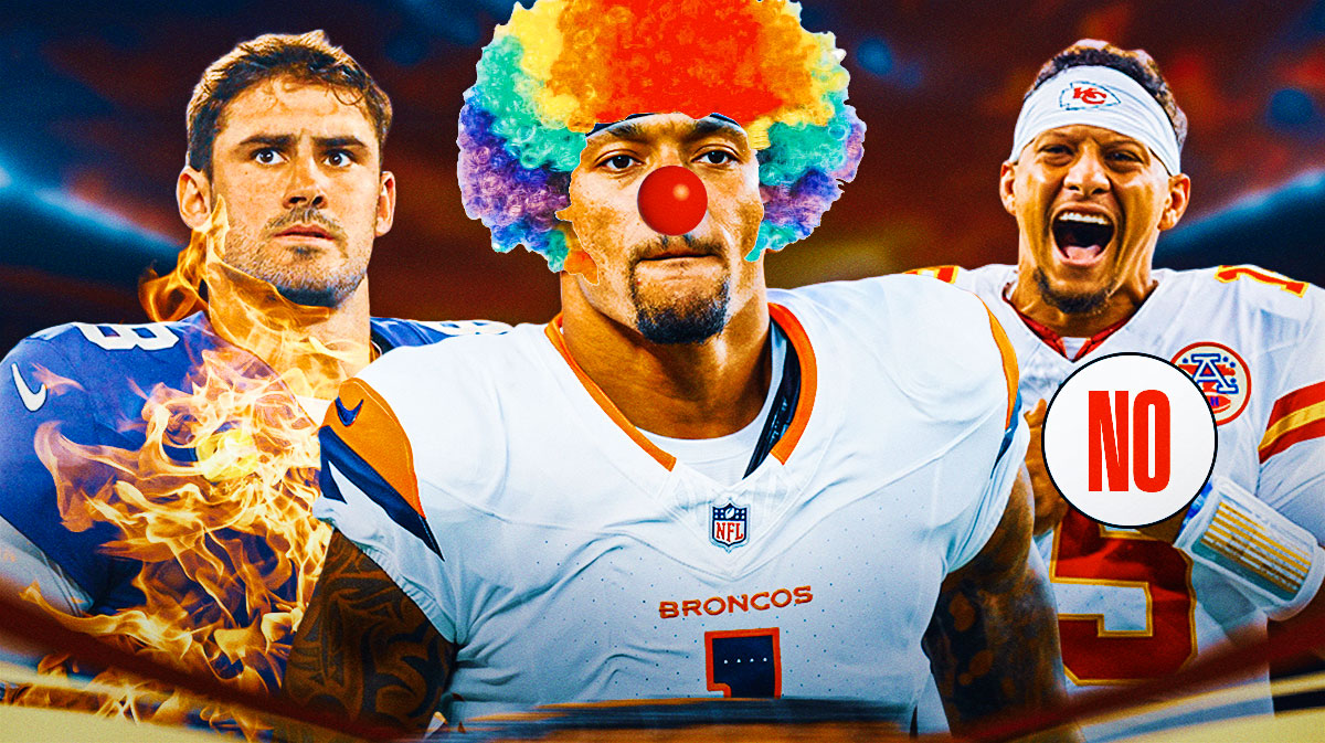 Daniel Jones with fire all around him on left side. Middle of graphic is Evan Engram with clown wig and nose on. Right side of graphic is Patrick Mahomes with a big red "no" circle around him.