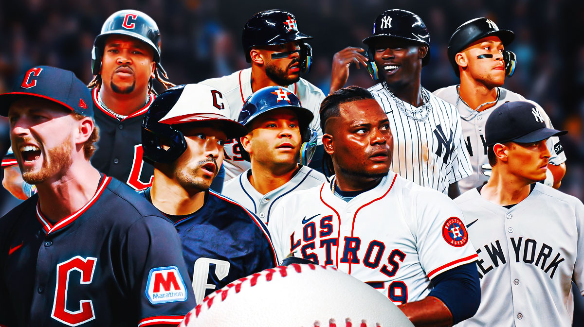 Tanner Bibee, Jose Ramirez, Steven Kwan, Jose Altuve, Framer Valdez, Carlos Correa, Jazz Chisholm, Max Fried, Aaron Judge all together. American League logo front and center.