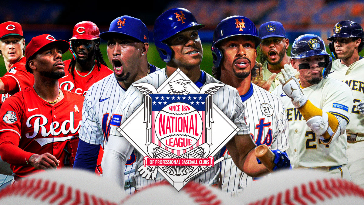 Edwin Diaz, Juan Soto, Francisco Lindor all together. Next to Hunter Greene, Elly De La Cruz, Brady Singer all together. Next to William Contreras, Christian Yelich, Freddy Peralta all together. National League logo front and center.