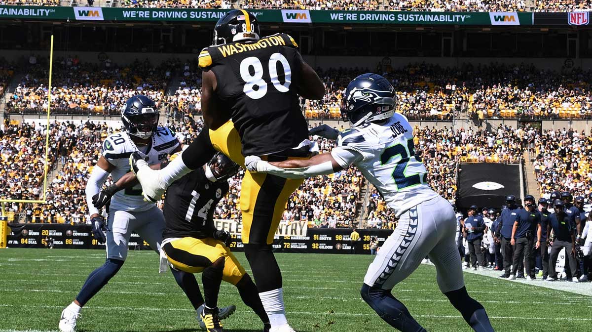 Pittsburgh Steelers tight end Darnell Washington (80) catches a two point conversion over Seattle Seahawks cornerback Josh Jobe (29) during the second quarter at Acrisure Stadium.