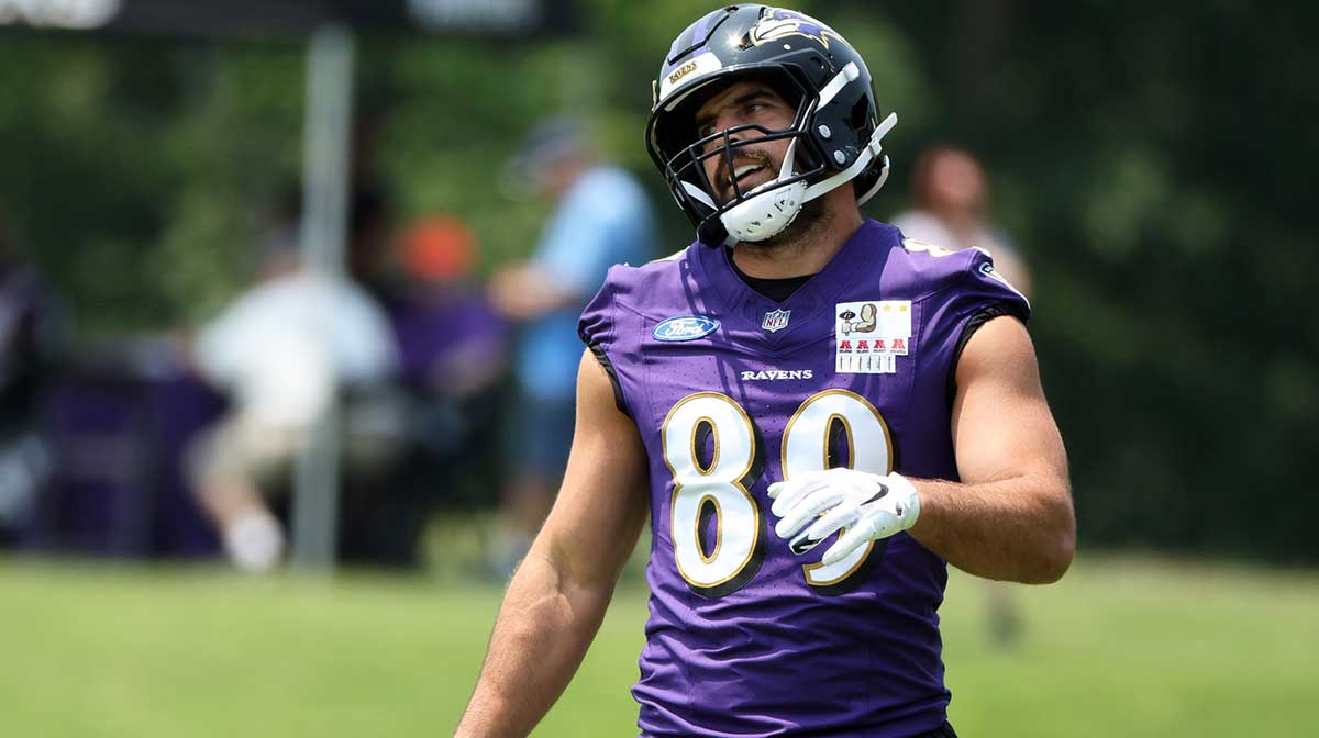 Baltimore Ravens tight end Mark Andrews (89) looks on during an NFL OTA at Under Armour Performance Center. 