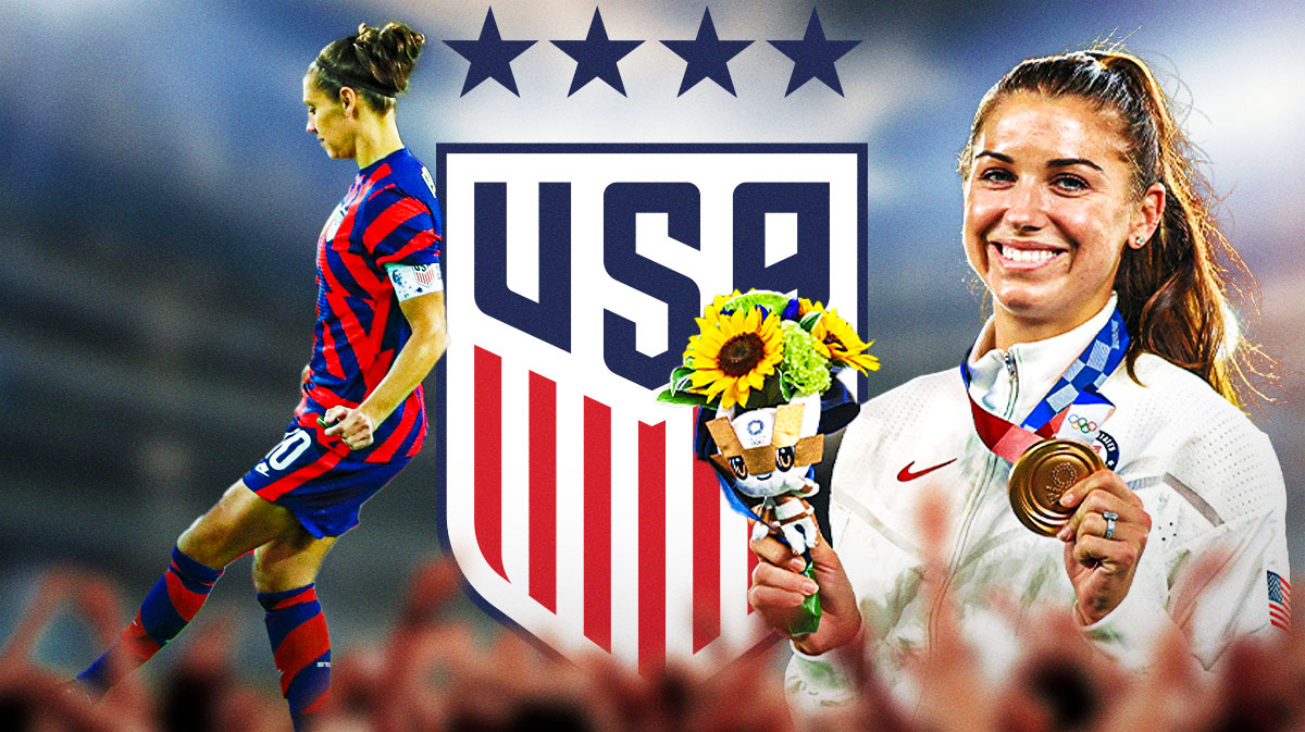 Carli Lloyd kicking a soccer ball on USWNT. Mia Hamm with gold medal. USWNT logo front and center.