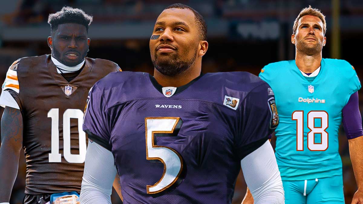 Bradley Chubb photoshopped in Ravens jersey number 5, Tyreek Hilll photoshopped in Browns jersey number 10, Kirk Cousins photoshopped in Dolphins jersey number 18.