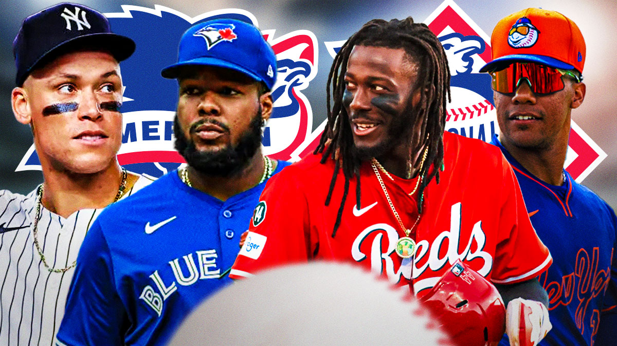 Aaron Judge, Vladimir Guerrero Jr., Elly De La Cruz, Juan Soto all together. American League logo and National League logo front and center.