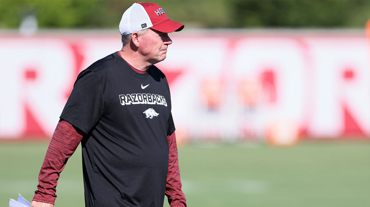 Arkansas Razorbacks offensive coordinator and quarterbacks coach Bobby Petrino during practice. 