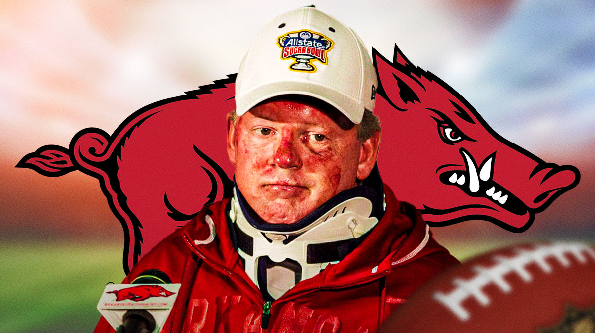 Bobby Petrino's famous picture in neck brace. Arkansas football front and center.