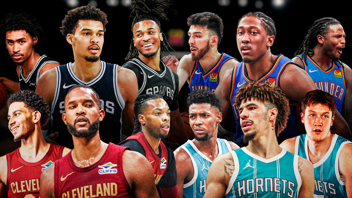 In one corner is Victor Wembanyama, Dylan Harper, Stephon Castle. In another corner is Jalen Williams, Chet Hologram, Cason Wallace. In a third corner is Darius Garland, Evan Mobley, Tyrese Proctor. Final corner is LaMelo Ball, Brandon Miller, Kon Knueppel.