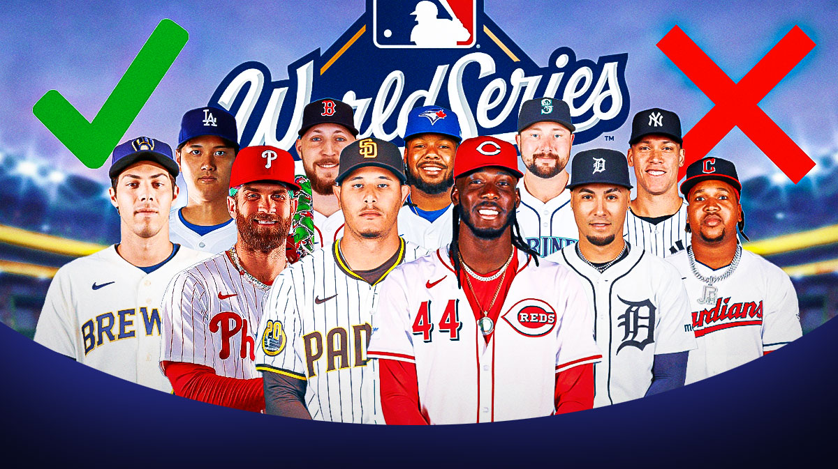 Shohei Ohtani, Christian Yelich, Bryce Harper, Manny Machado, Dansby Swanson, Elly De La Cruz, Javier Biaz, Jose Ramirez, Aaron Judge, Garrett Crochet, Vladimir Guerrero Jr., Cal Raleigh all together. World Series logo front and center. Left side of World Series logo is big green check mark. Right side of logo is big red X.