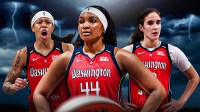 Kiki Iriafen, Sonia Citron, Sug Sutton all beside each other, Washington Mystics logo in the background