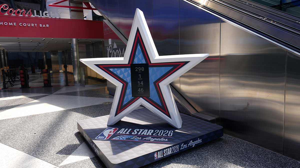 A 2026 NBA All-Star Countdown clock at game six of first round for the 2025 NBA Playoffs at Intuit Dome.