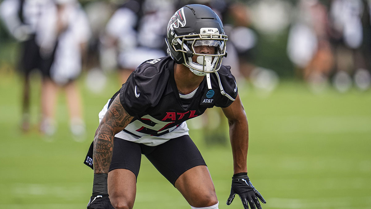 Atlanta Falcons cornerback A.J. Terrell (24) covers during a drill during training camp at IBM Performance Field.