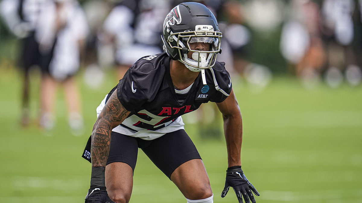 Atlanta Falcons cornerback A.J. Terrell (24) covers during a drill during training camp at IBM Performance Field.