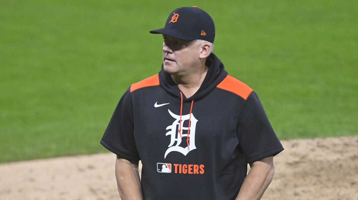 Detroit Tigers manager A.J. Hinch (14) walks on the field in the fifth inning against the Cleveland Guardians at Progressive Field.