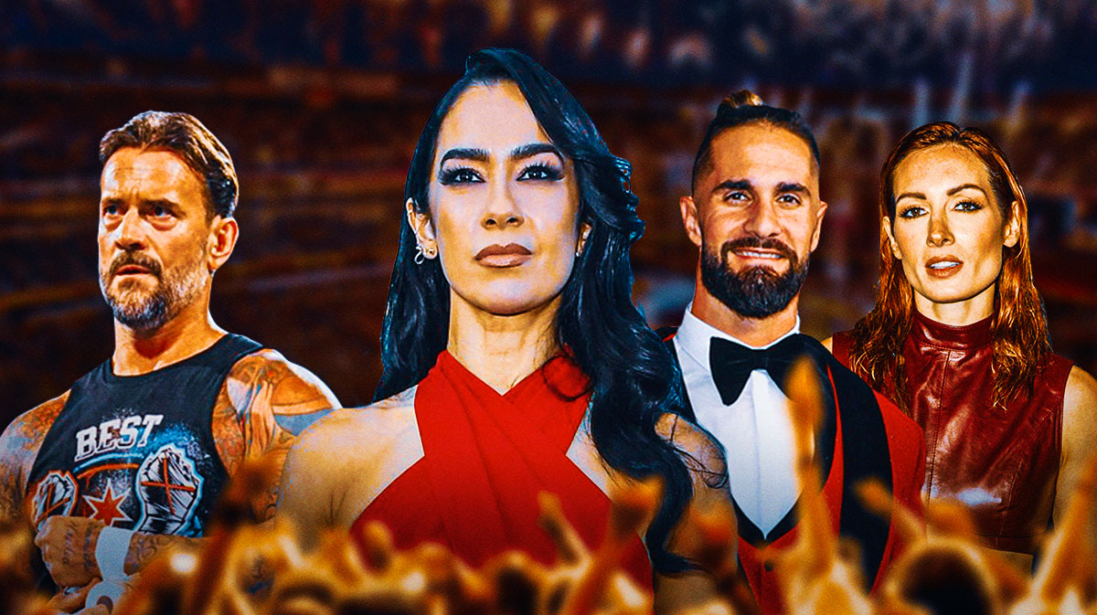 WWE stars CM Punk, AJ Lee, Seth Rollins, and Becky Lynch.