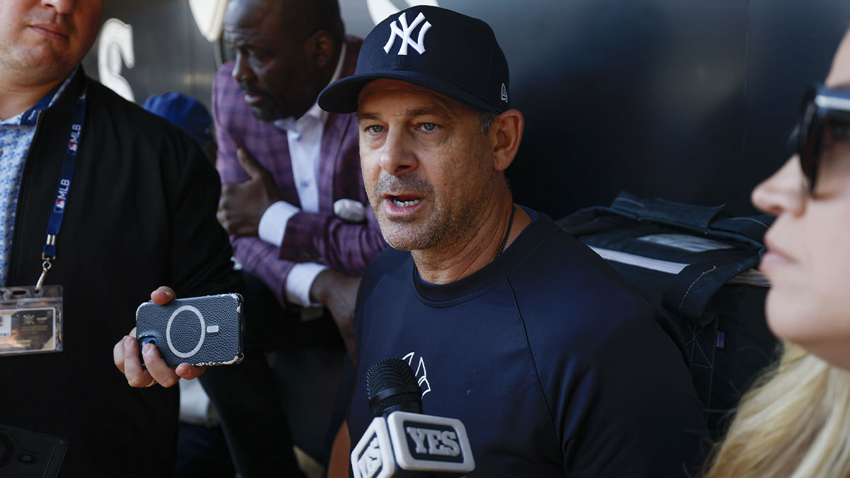 New York Yankees manager Aaron Boone speaks before a baseball game against the Chicago White Sox