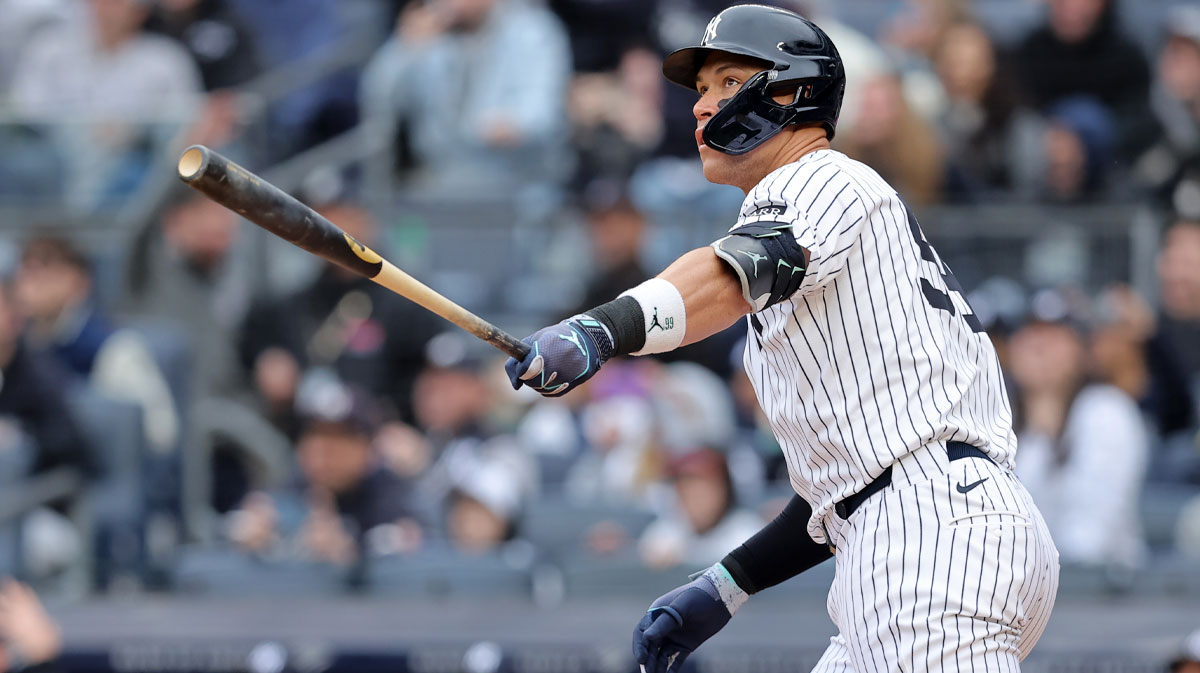 New York Yankees right fielder Aaron Judge (99) watches his two run home run against the Milwaukee Brewers during the first inning at Yankee Stadium.