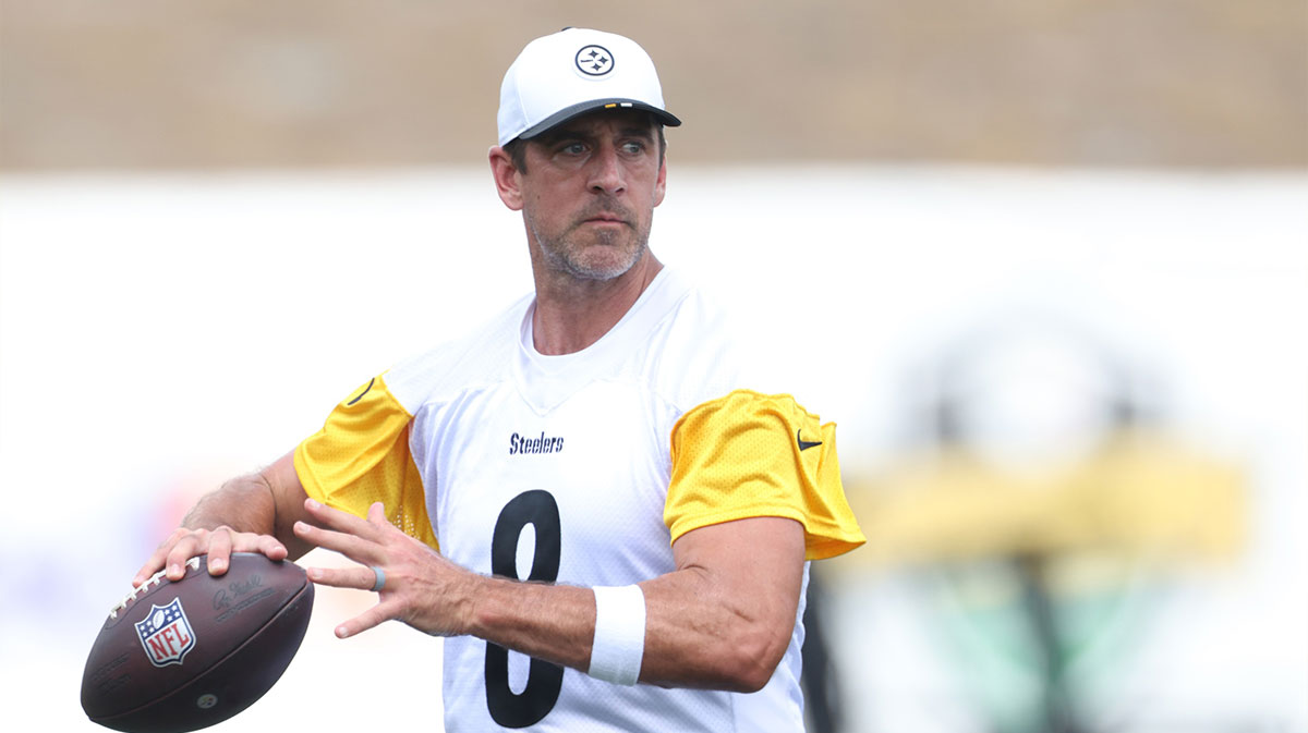 Pittsburgh Steelers quarterback Aaron Rodgers (8) participates in drills during training camp at Saint Vincent College.