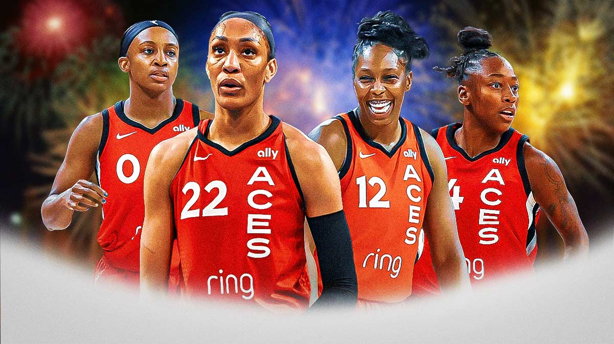 A'ja Wilson, Jackie Young, Chelsea Gray, Jewell Loyd all beside each other, Fireworks in the background