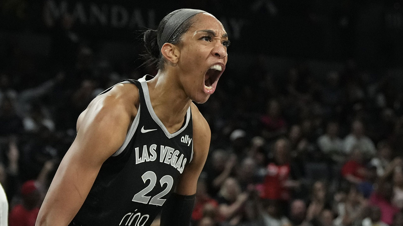 Aces center A'ja Wilson (22) reacts to a play