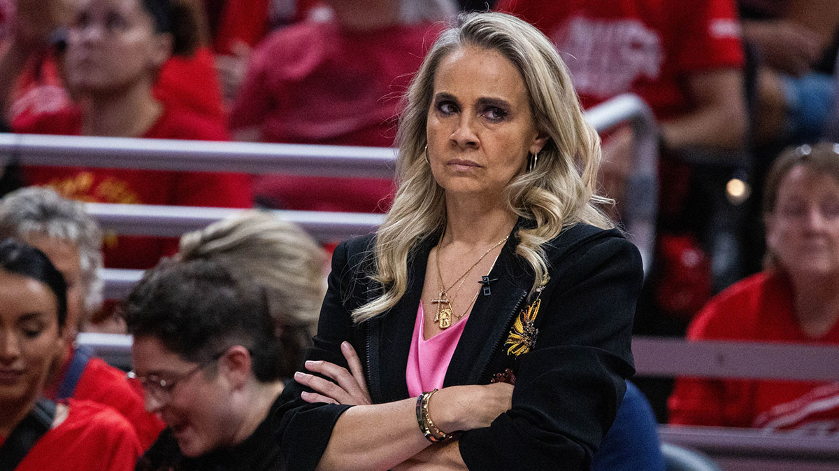 Las Vegas Aces head coach Becky Hammon in the second half during game four against the Indiana Fever of the second round for the 2025 WNBA Playoffs at Gainbridge Fieldhouse.