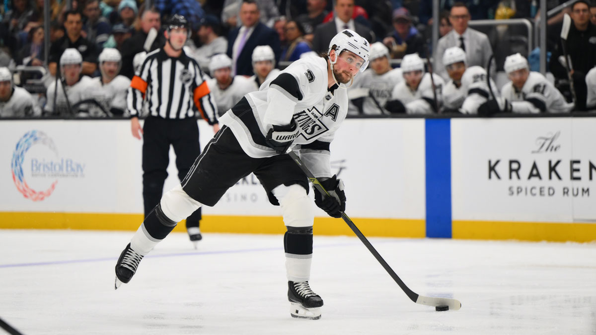 Los Angeles Kings right wing Adrian Kempe (9) passes the puck against the Seattle Kraken during the second period at Climate Pledge Arena