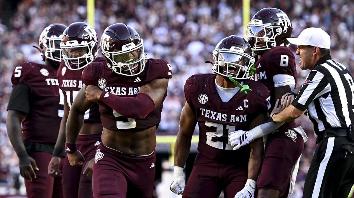 Texas A&M Aggies defensive end Cashius Howell (9) reacts after sacking Auburn Tigers quarterback Jackson Arnold (not pictured) during the fourth quarter at Kyle Field.