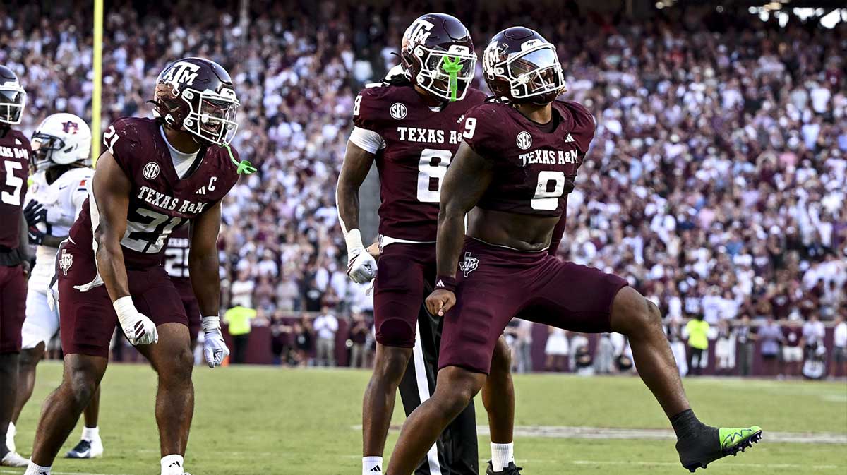 Texas A&M Aggies defensive end Cashius Howell (9) reacts after sacking Auburn Tigers quarterback Jackson Arnold (not pictured) during the fourth quarter at Kyle Field.