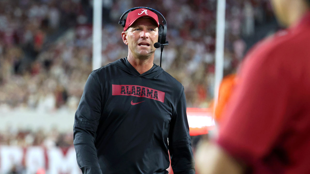 Alabama Crimson Tide head coach Kalen DeBoer paces the sidelines during the third quarter against the Louisiana Monroe Warhawks at Saban Field at Bryant-Denny Stadium.