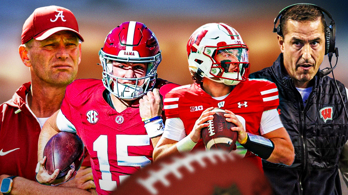 : Kalen DeBore with Ty Simpsons on the left, Luke Fickell with Danny O'Neil on the right.