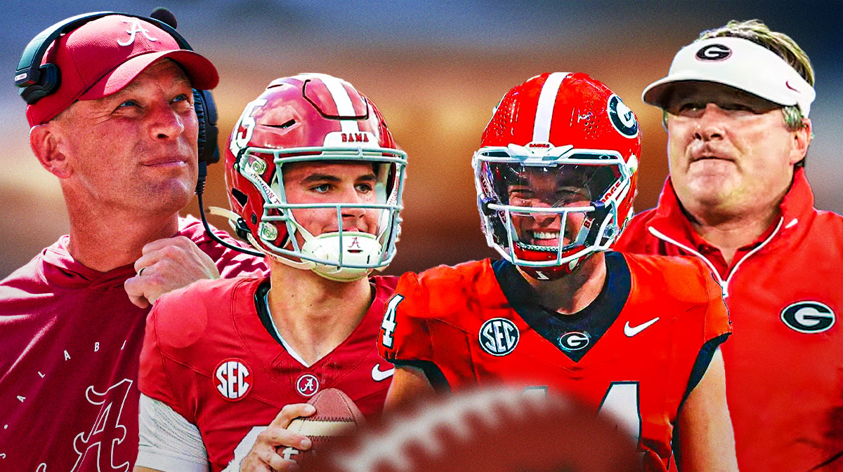 Kalen DeBoer and Ty Simpson on the left, Kirby Smart and Gunner Stockton on the right