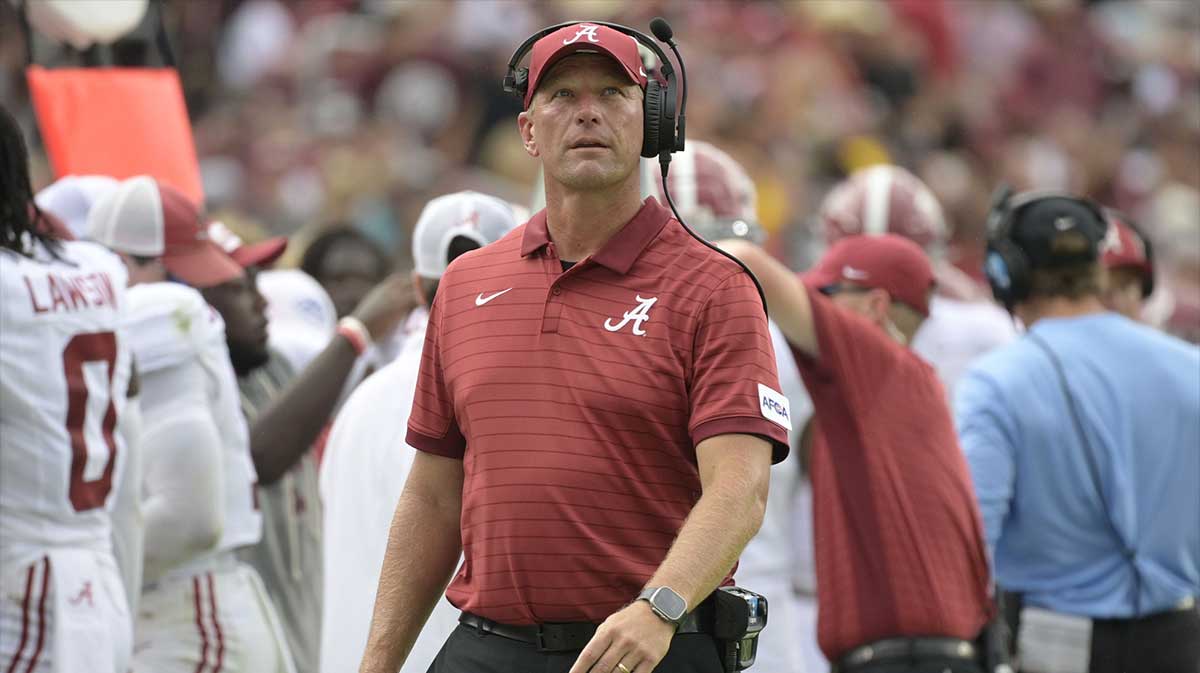 Alabama Crimson Tide head coach Kalen DeBoer looks on against the Florida State Seminoles during the second half at Doak S. Campbell Stadium.