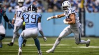 Indianapolis Colts wide receiver Alec Pierce (14) runs after making a catch during the third quarter at Nissan Stadium.