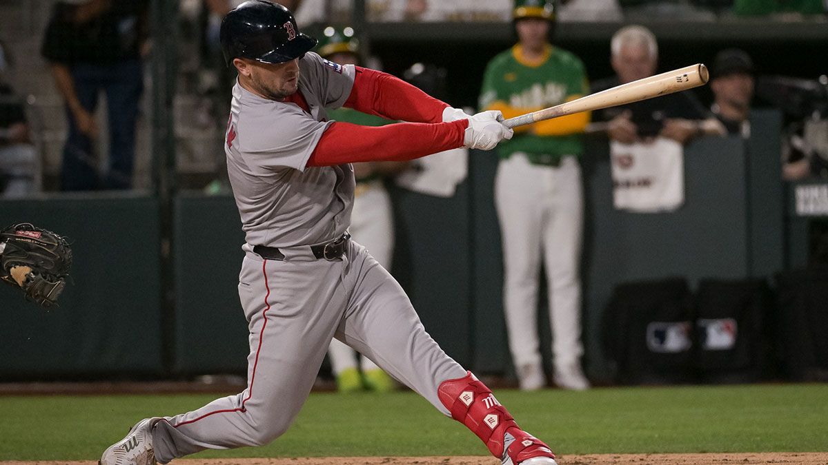 Boston Red Sox third baseman Alex Bregman (2) hits an rbi single against the Athletics during the fifth inning at Sutter Health Park.
