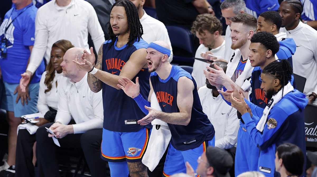 Oklahoma City Thunder guard Alex Caruso (9) celebrates after a play against the Indiana Pacers during the second half of game seven of the 2025 NBA Finals at Paycom Center.
