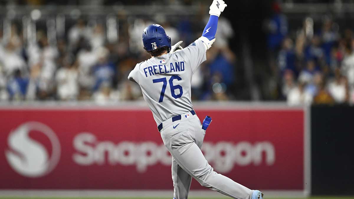 Los Angeles Dodgers second baseman Alex Freeland (76) rounds the bases after hititng a solo home run during the eighth inning against the San Diego Padres at Petco Park.