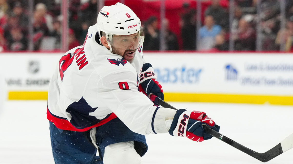 Washington Capitals left wing Alex Ovechkin (8) takes a shot against the Carolina Hurricanes during the second period in game three of the second round of the 2025 Stanley Cup Playoffs at Lenovo Center.