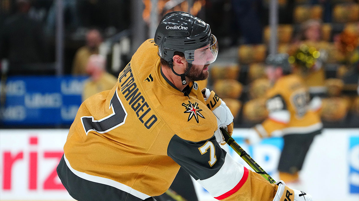 Vegas Golden Knights defenseman Alex Pietrangelo (7) warms up before game two of the second round of the 2025 Stanley Cup Playoffs against the Edmonton Oilers at T-Mobile Arena.