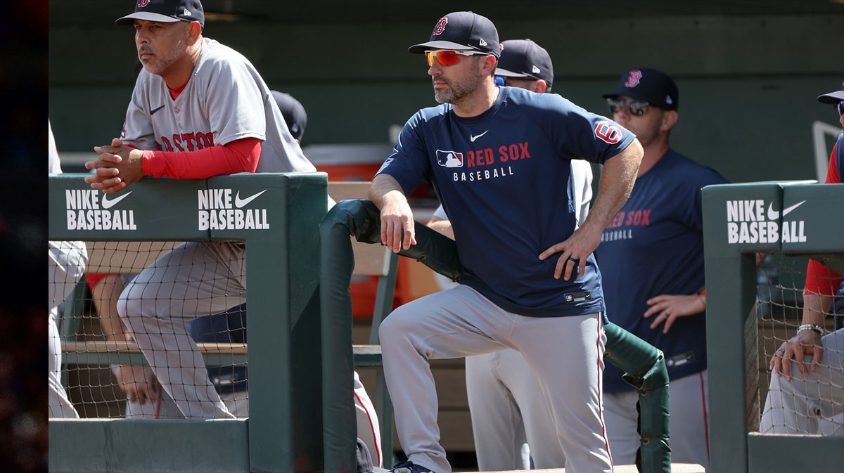 Boston Red Sox manager Alex Cora (13) looks on in a game against the Athletics during the first inning at Sutter Health Park.