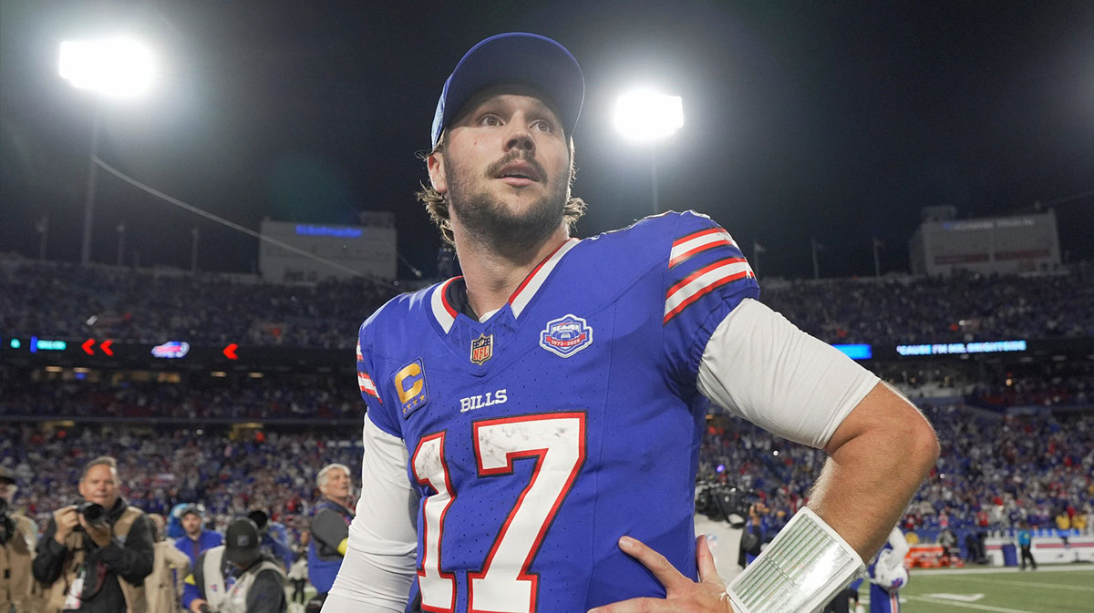 Buffalo Bills quarterback Josh Allen looks around the stadium after the game and their win against the Baltimore Ravens at Highmark Stadium in Orchard Park on Sept. 7, 2025.