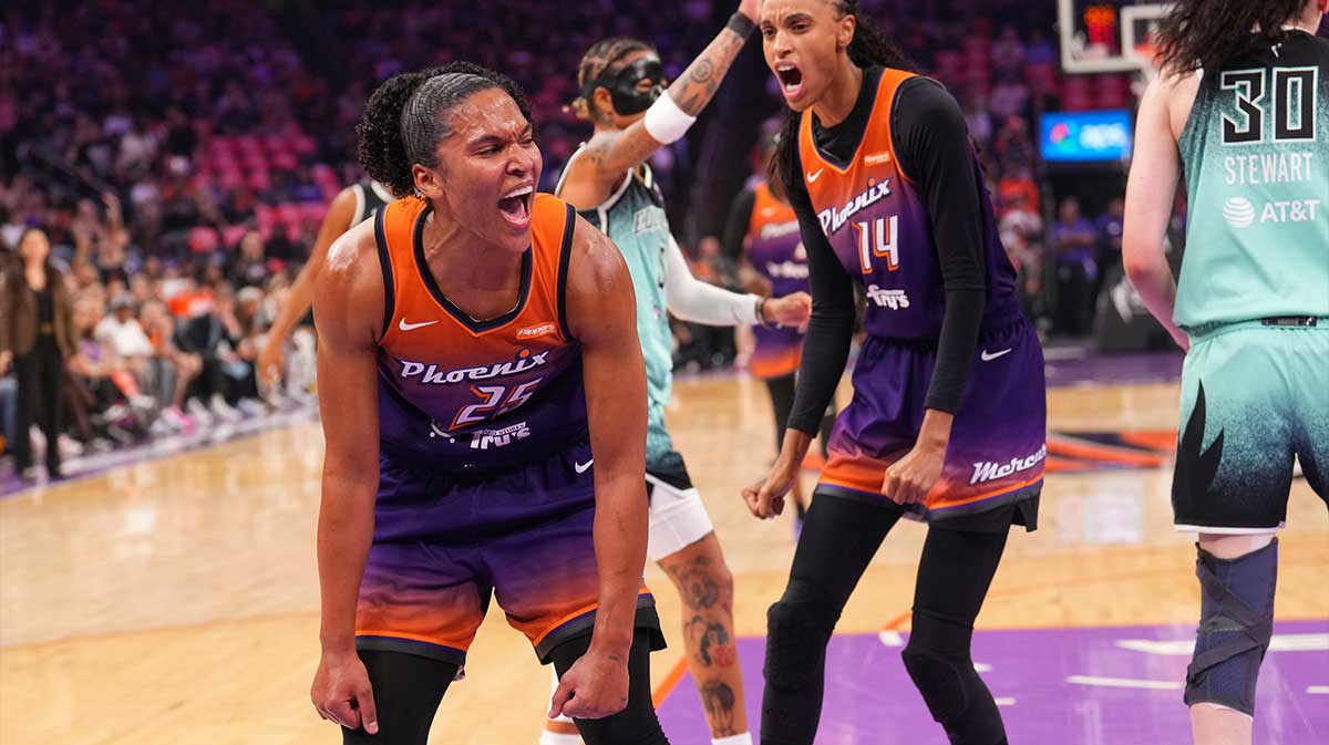 Phoenix Mercury forward Alyssa Thomas (25) and Phoenix Mercury forward DeWanna Bonner (14) react after a foul call against the New York Liberty during the first half of game three of round one for the 2025 WNBA Playoffs at PHX Arena.