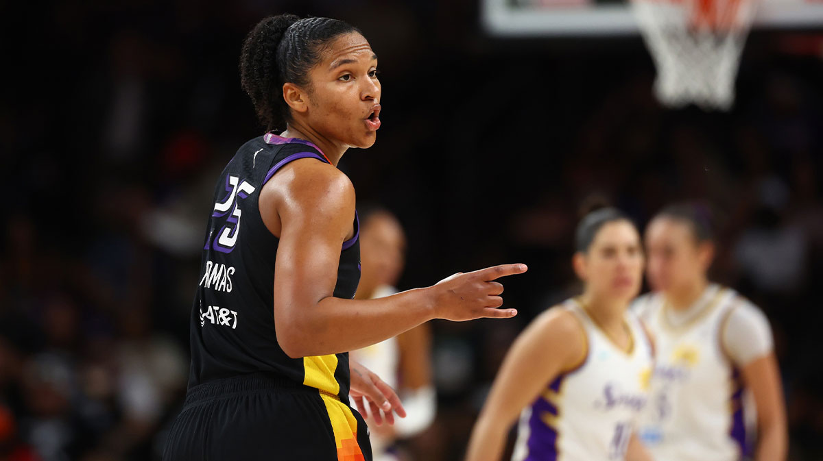 Phoenix Mercury forward Alyssa Thomas (25) reacts against the Los Angeles Sparks during the first half of a WNBA game at PHX Arena.