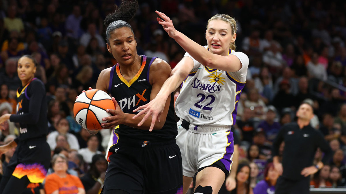 Phoenix Mercury forward Alyssa Thomas (25) against Los Angeles Sparks forward Cameron Brink (22) during the first half of a WNBA game at PHX Arena.