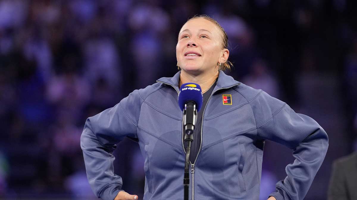 Amanda Anisimova (USA) speak to the crowd following her loss to Aryna Sabalenka (not pictured) in the women's singles final of the 2025 US Open tennis championships at Billie Jean King National Tennis Center.