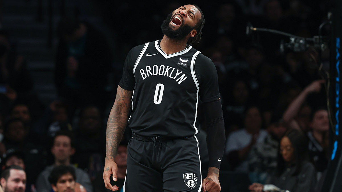 Brooklyn Nets center Andre Drummond (0) reacts after making a basket against the Charlotte Hornets during the first half at Barclays Center.