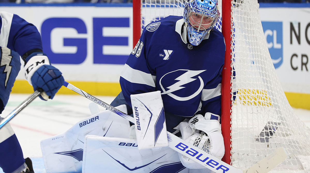 Tampa Bay Lightning goaltender Andrei Vasilevskiy (88) looks on against the Florida Panthers during the second period in game one of the first round of the 2025 Stanley Cup Playoffs at Amalie Arena.