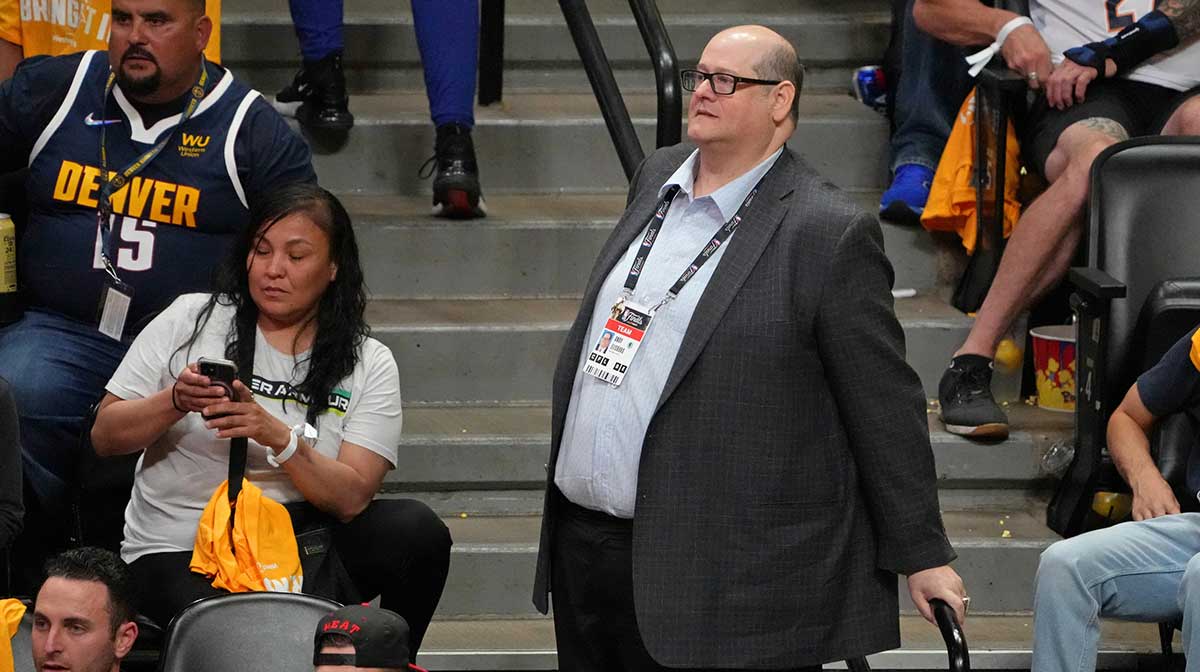 Miami Heat general manager Andy Elisburg looks on in game one of the 2023 NBA Finals against the Denver Nuggets during the fourth quarter at Ball Arena.