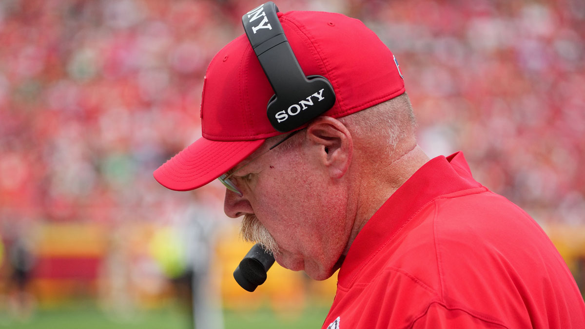 Kansas City Chiefs head coach Andy Reid looks on during the third quarter of the game against the Philadelphia Eagles at GEHA Field at Arrowhead Stadium.