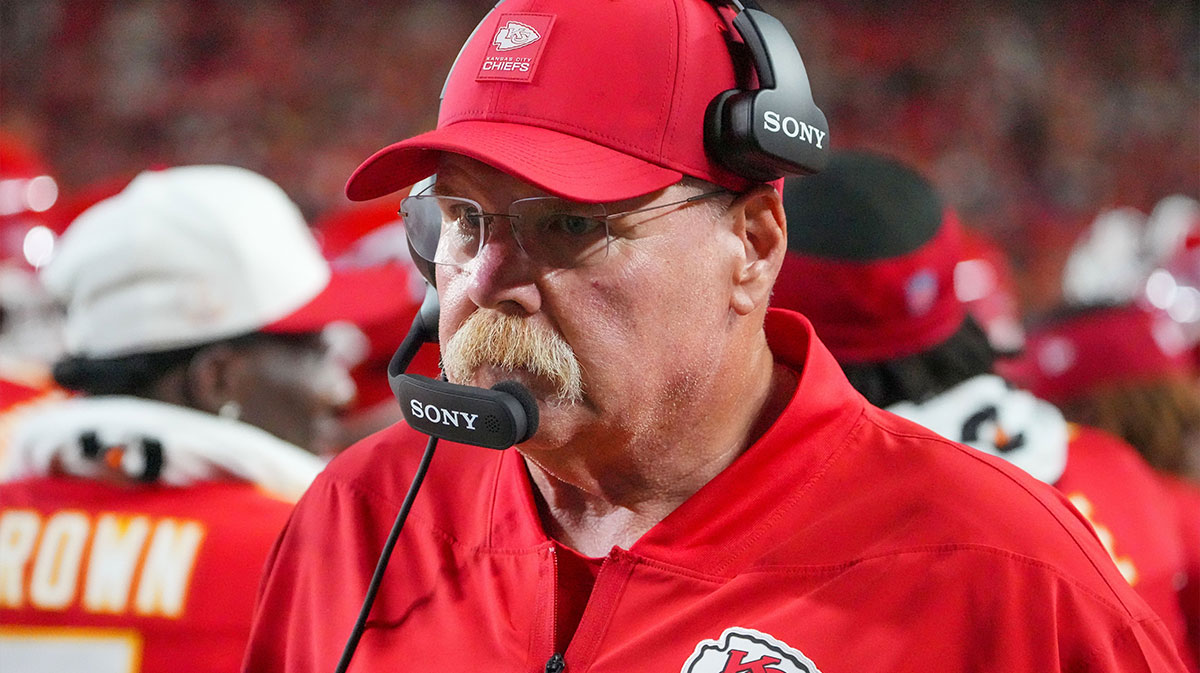 Kansas City Chiefs head coach Andy Reid on the sidelines against the Chicago Bears during the first half of the game at GEHA Field at Arrowhead Stadium.